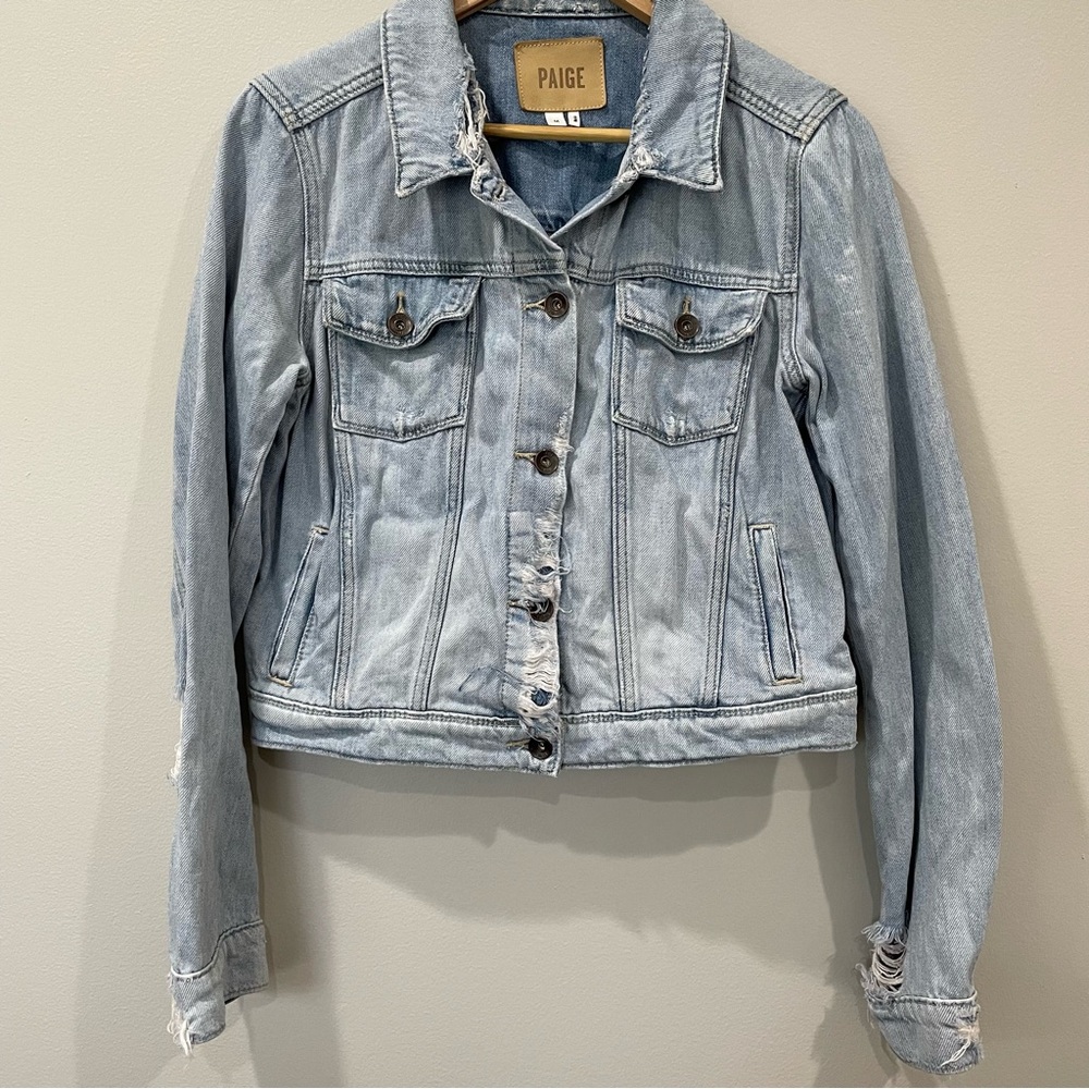 Paige Vivienne Cropped Distressed Light Wash Denim Jacket Size Medium